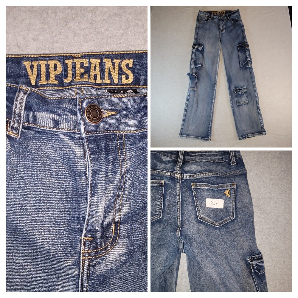 VIP Jeans Womens Cargo Denim Blue Wide Leg Utility Pants Medium Wash Y2K 28x29